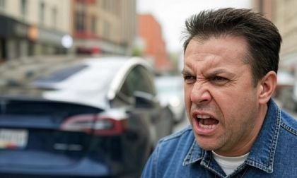 Image of man yelling at Tesla vehicles as they drive past generated by Grok