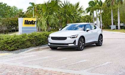 Image showing a white Polestar 2 at Hertz HQ following the announcement that the Swedish company would supply 65,000 EVs by 2025.