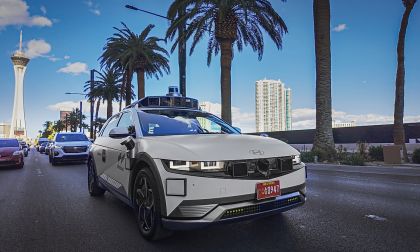 Hyundai Ioniq 5 robotaxi driving in Las Vegas with autonomous sensors and cameras
