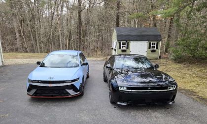 A Hyundai Ioniq 5 N sits side by side with a Dodge Daytona Charger EV