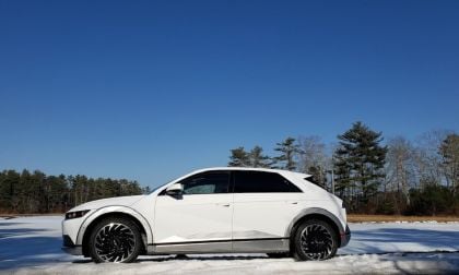 A Hyundai Ioniq 5 is shown on a snowy plain