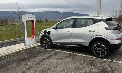 Image of Chevy Bolt charging on Supercharger network using Lectron adapter. 