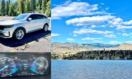 Silver Kia Sorento and dashboard display and Lake Chelan