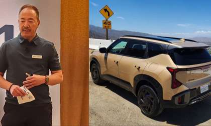 Kia USA product manager Derrick Ty in Newport Beach with a napkin in his hand and the 2027 Kia Seltos near the Lake Elsinore, CA.