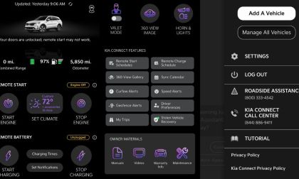 3 panel screenshot from the Kia Access app showing various controls in the app