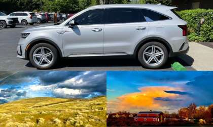Silver Kia Sorento PHEV and landscape images from the Red Mountain AVA