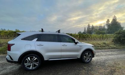 Silver Kia Sorento PHEV in front of Oregon vineyards