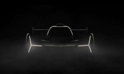 Teaser image of Lamborghini's 2024 Le Mans Hypercar entrant showing its headlight shape and large rear wing.