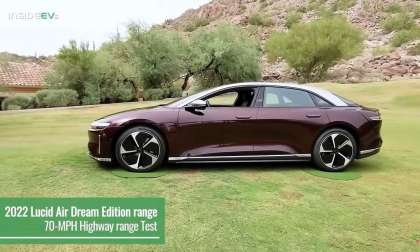 Image showing a dark red Lucid Air parked on a lawn ahead of InsideEVs' 70 mph highway range test.