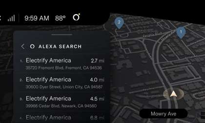Image showing Alexa search results for a query about charging stations, as well as their locations on a map relative to the Lucid Air.