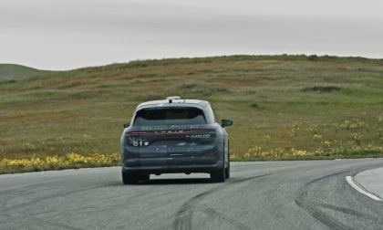 Rear view of the 2024 Lucid Gravity SUV as it undergoes public road testing as part of the next stage of its development.