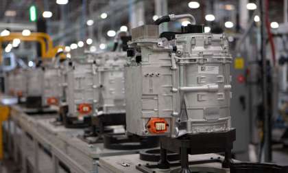 Image showing a row of Lucid Air gearboxes waiting for installation at the AMP-1 factory in Arizona