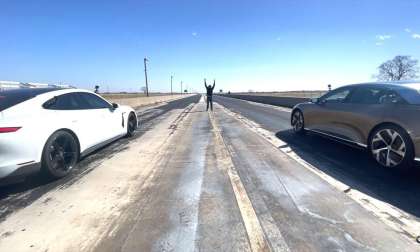 Image showing the Porsche Taycan Turbo S lined up against the Lucid Air Dream Edition P at a drag strip.