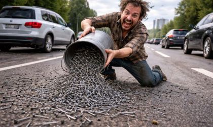A generated image shows a man spreading nails on a roadway