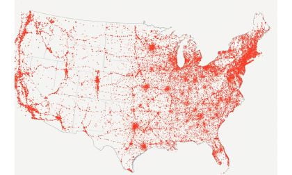 Map showing location of EV fast chargers in continental U.S.