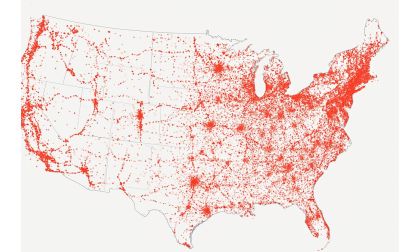 Map showing location of EV fast chargers in continental U.S.