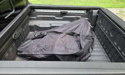 A Ford Maverick Lobo is shown with a soft cargo bag in the bed.