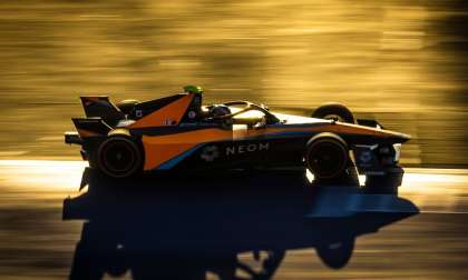Side view of the McLaren Formula E car taken at sunset in Mexico City. The angular Gen 3 racers are the first to feature AWD.