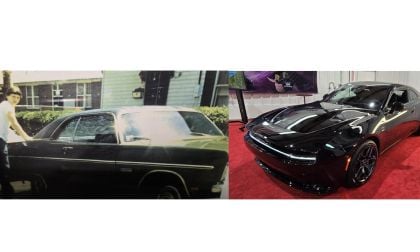 Image shows a 1969 Plymouth Fury and 2025 Dodge Charger side by side - taken by John Goreham