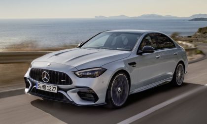 Image of the new Mercedes-AMG C63 S E Performance driving on a coastal road.