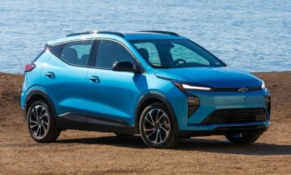 2027 Chevrolet Bolt in blue by the ocean