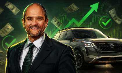 Illustrated Nissan executive portrait with a Nissan SUV, green growth arrow, check marks, and money-themed background.