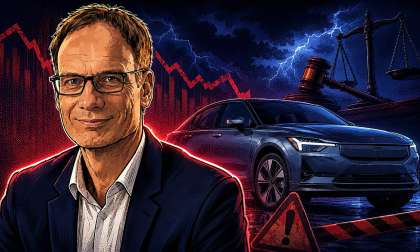 Illustrated automotive executive beside a Polestar electric vehicle with legal warning symbols, storm clouds, and a red market chart in the background.