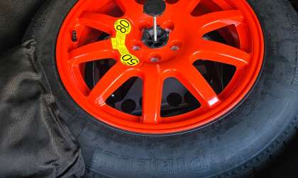 The spare tire of a Range Rover Sport hybrid is shown
