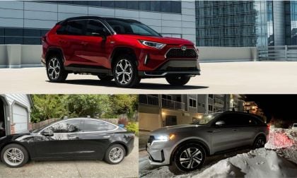 Red Toyota Rav 4 Prime, Black Tesla Model 3, Silver Sorento PHEV