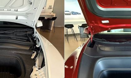 Two Tesla Model Y frunks are shown side by side with the de-contented base model appearing unfinished