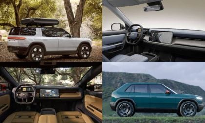 White Rivian R2 exterior and interior and blue Rivian R3x exterior and interior
