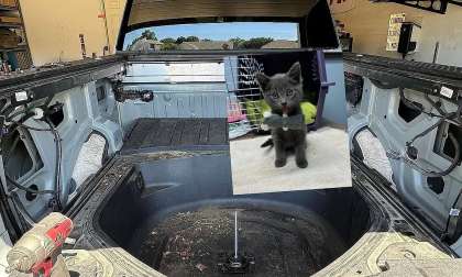 Rivian R1T truck bed with interior panels removed during repair, shown with an inset photo of a small gray kitten.