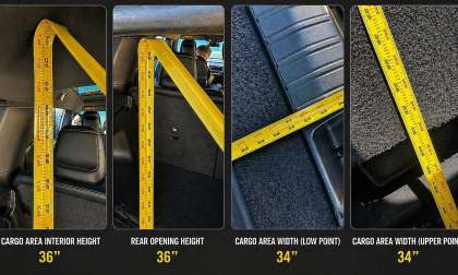 Rivian R2 cargo area measurements showing 36-inch headroom, 36-inch rear opening height, and 34-inch width at upper and lower points.