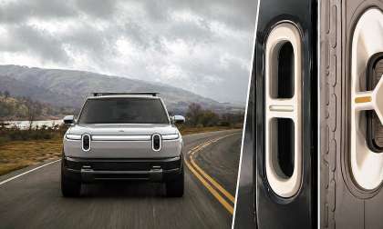 White Rivian R2 driving on a road next to a side-by-side comparison of Rivian R1 and R2 roof crossbar mounts.