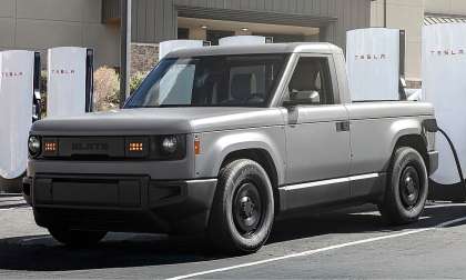 Slate EV Truck supercharging at a Tesla Supercharger