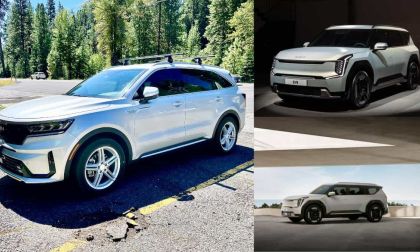 Silver Kia Sorento PHEV and white Kia EV9