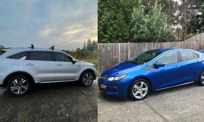 Silver Kia Sorento PHEV and blue Chevy Volt PHEV