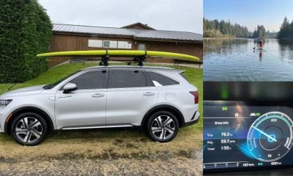 Silver 2022 Kia Sorento PHEV with lake and fuel economy figures