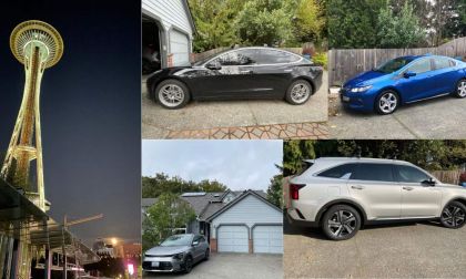 Seattle Space Needle, black Tesla Model 3, Blue Chevy Volt, Silver Kia Sorento, house with solar panels