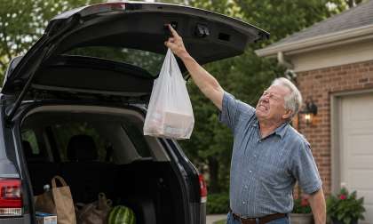 A man winces in pain as he reaches up to tap a tailgate close button