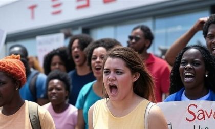 AI-Generated image shows Tesla protesters screaming outside of a Tesla dealership