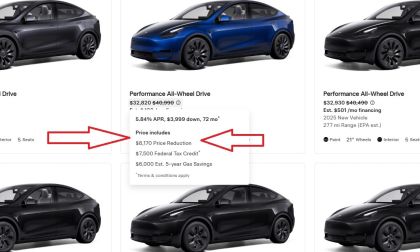 Image shows Tesla inventory page with steep discounts on new 2025 Tesla Model Y