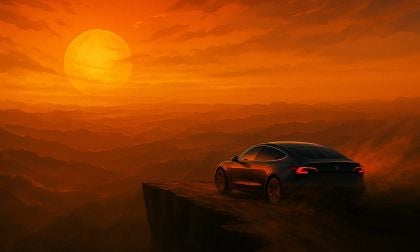 AI generated image depicts a Tesla driving off a cliff at sunset 