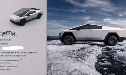 Tesla Cybertruck Foundation Series with 100,109 miles shown next to a Cybertruck parked on an icy landscape.