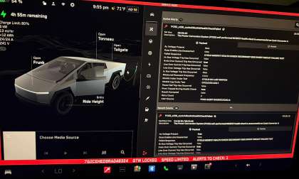 Tesla Cybertruck touchscreen in service mode showing vehicle controls, charging status, and diagnostic alerts.