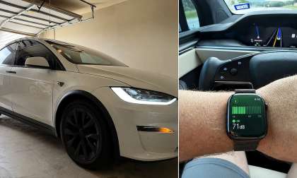 Image showing a white Tesla Model X in a garage beside an interior cabin noise test reading 71 dB on a smartwatch.