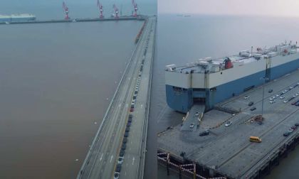 Tesla Vehicles Look So Tiny Compared To Huge Transport Ship As Long Line of Tesla Vehicles Prepare to Be Exported From Giga Shanghai:
