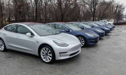 Tesla Model 3 cars parked