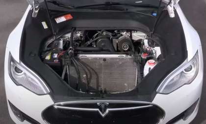 Tesla Modified With Gas Engine Gets an Oil Change And Gas