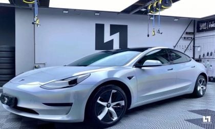 A Tesla with a white wrap